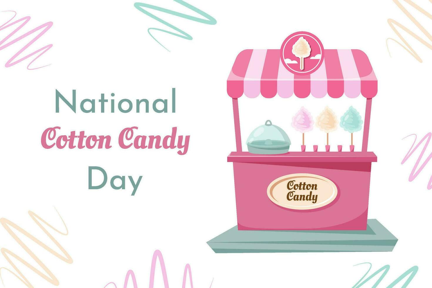 Cotton candy day. Festive banner. Retro cartoon pink booth with vintage frame, color puffy sweet dessert. Cotton candy machine with delicious yummy food for children. Vector illustration