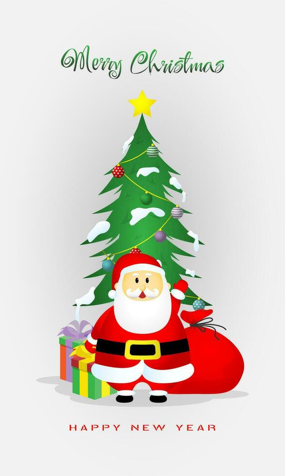 Merry Christmas and New Year poster with Santa Claus standing in front of the Christmas tree vector