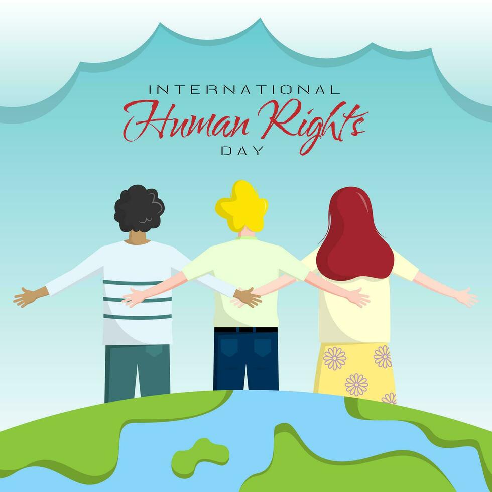 International Human Rights Day poster with three people embracing each other vector