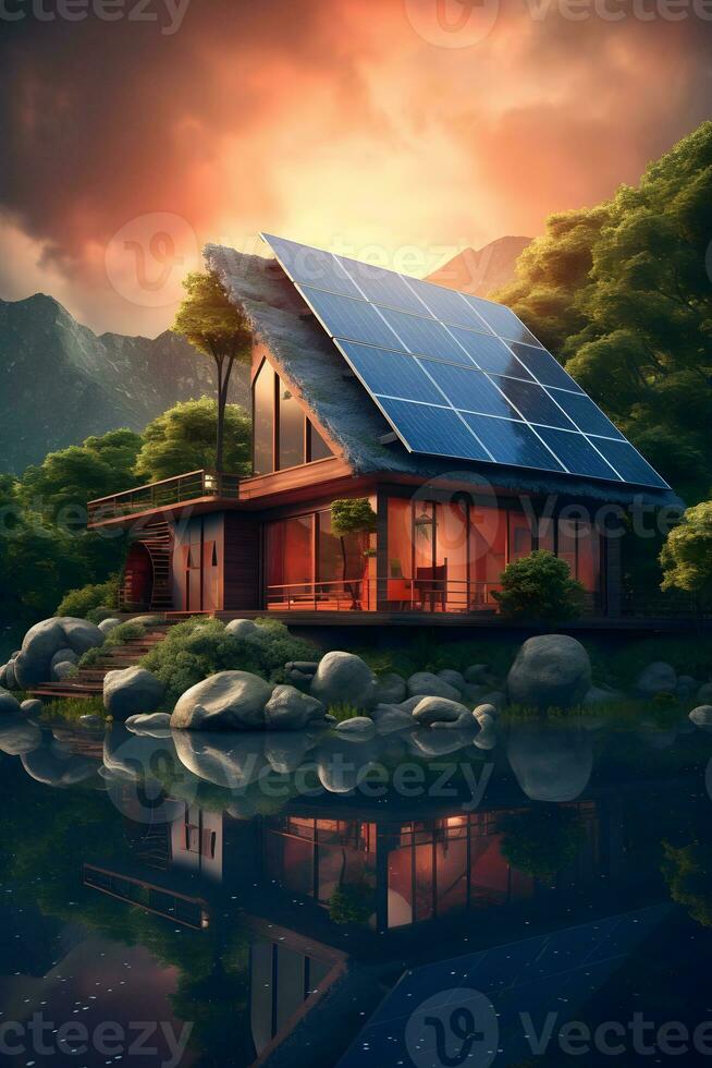 ai generado casa con solar paneles en el antecedentes de el lago y montañas foto