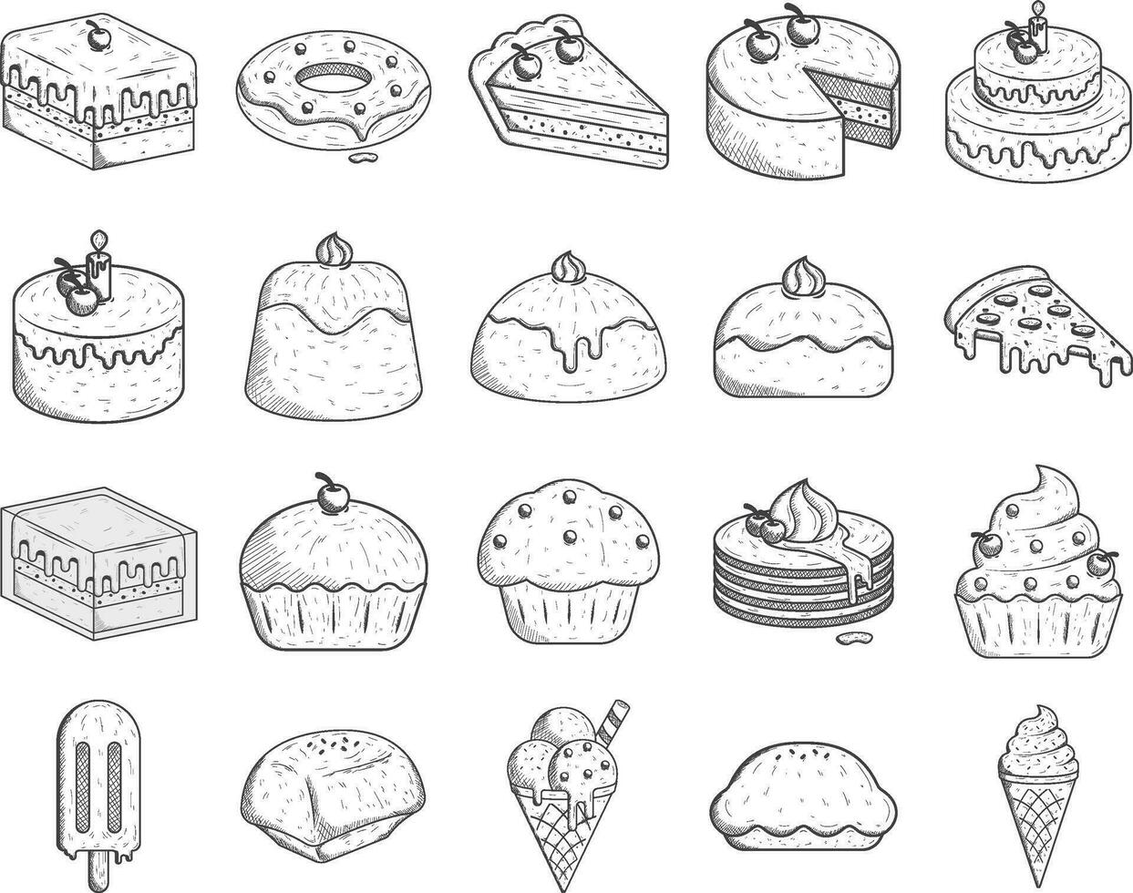 Set of cake and sweets line art vector