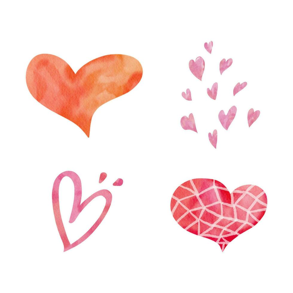 Set of Watercolor Hearts. Valentine Hearts Hand Painting Style Vector