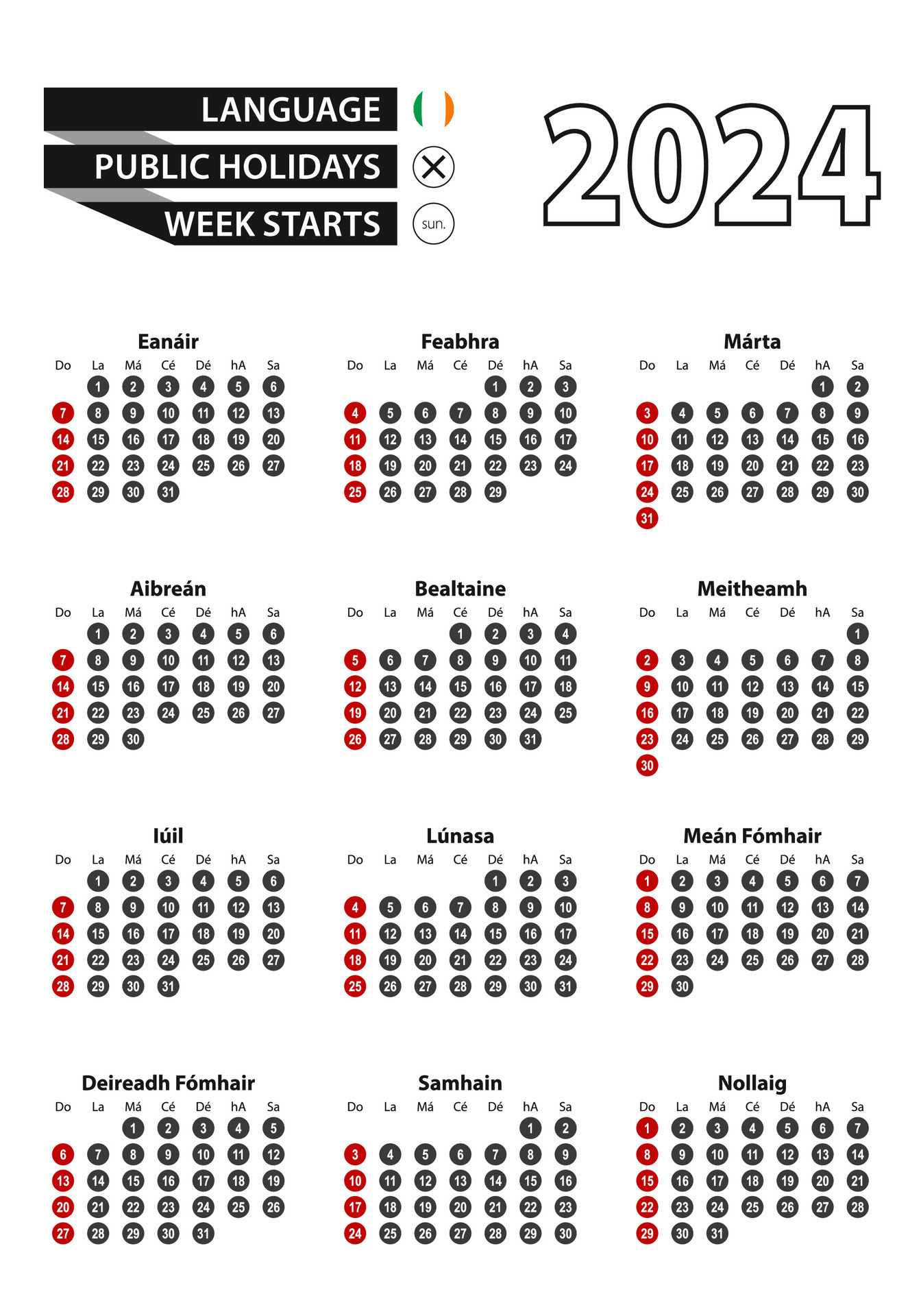 Irish calendar 2024 with numbers in circles, week starts on Sunday