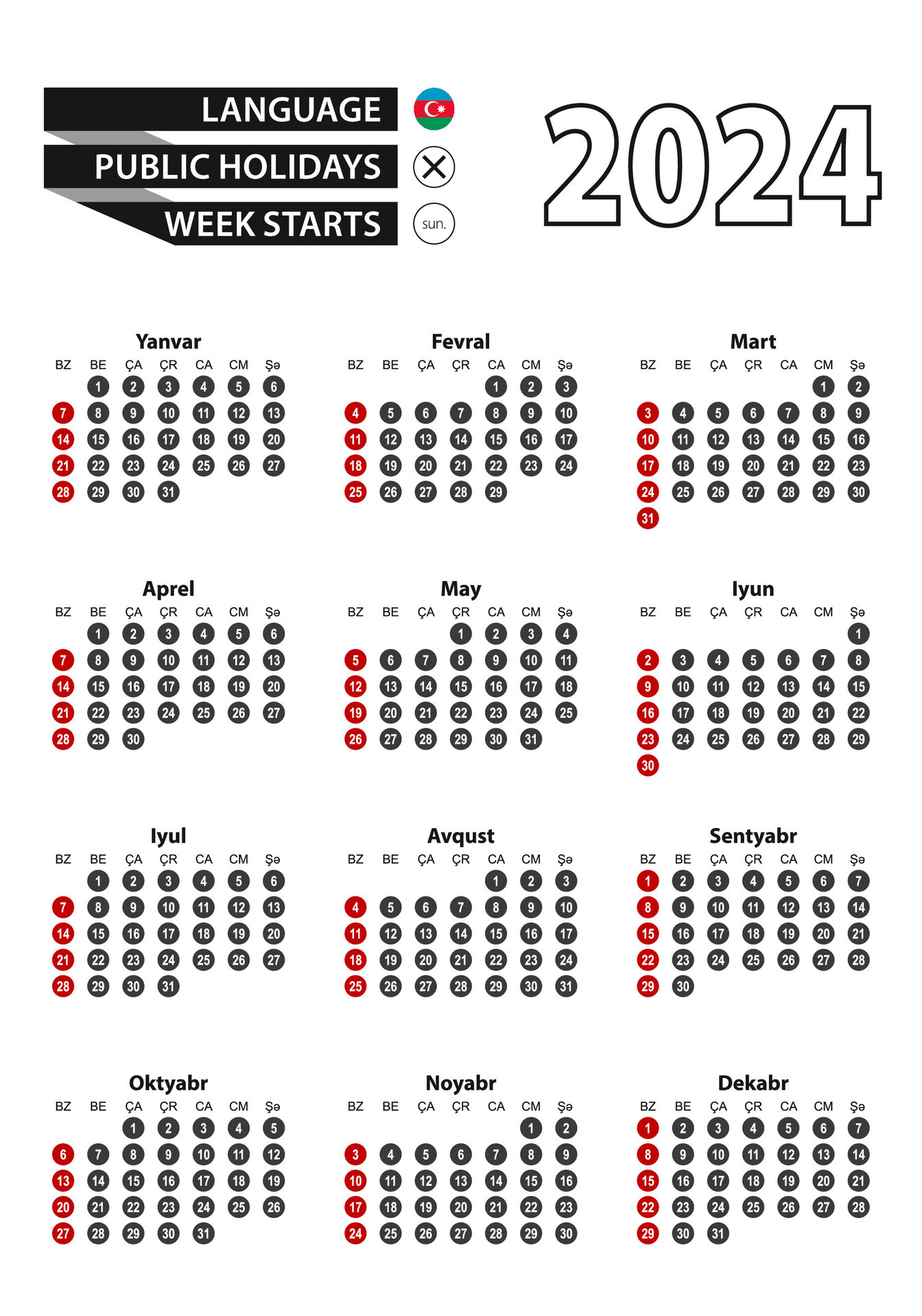 Azerbaijani calendar 2024 with numbers in circles, week starts on