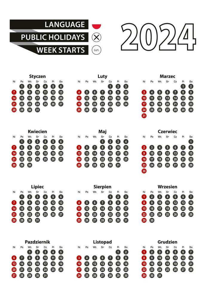 Polish calendar 2024 with numbers in circles, week starts on Sunday