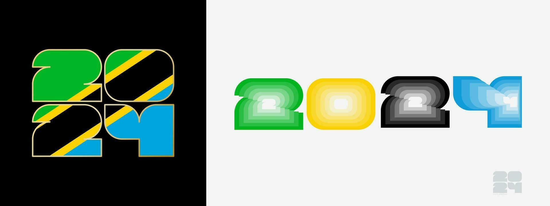 Year 2024 with flag of Tanzania and in color palate of Tanzania flag. Happy New Year 2024 in two different style. vector