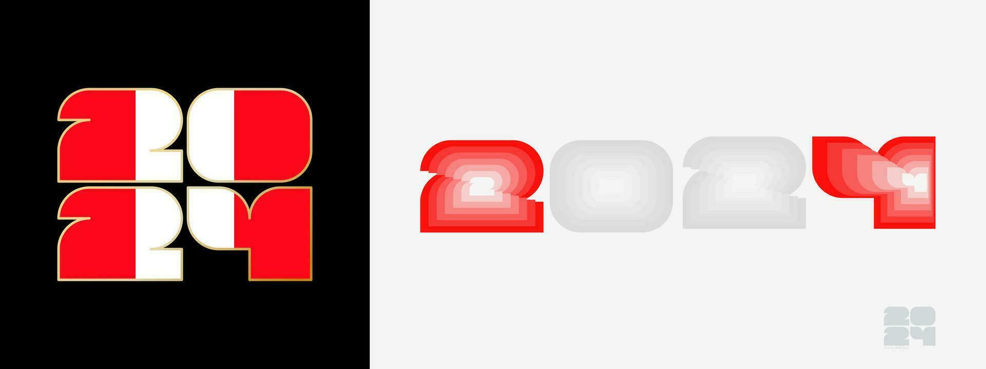 Year 2024 with flag of Peru and in color palate of Peru flag. Happy New Year 2024 in two different style. vector