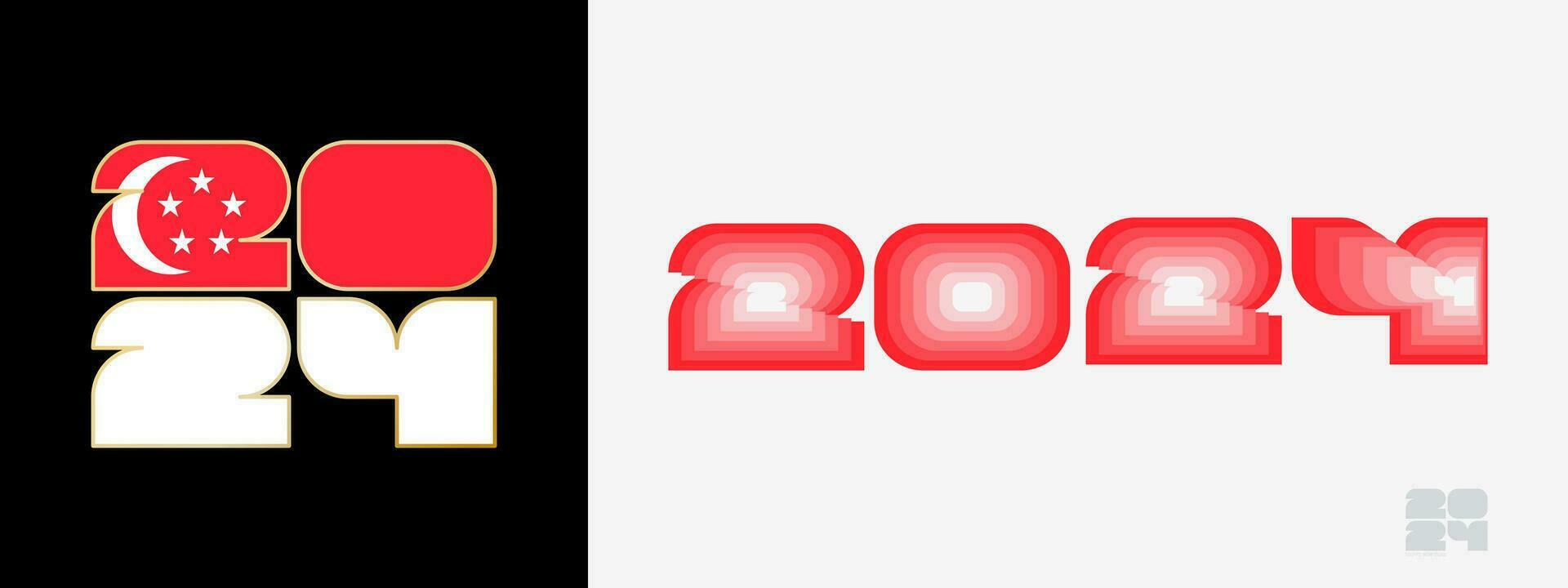 Year 2024 with flag of Singapore and in color palate of Singapore flag. Happy New Year 2024 in two different style. vector