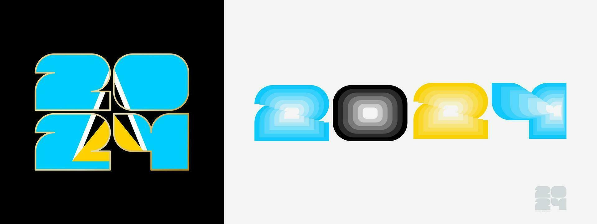 Year 2024 with flag of Saint Lucia and in color palate of Saint Lucia flag. Happy New Year 2024 in two different style. vector