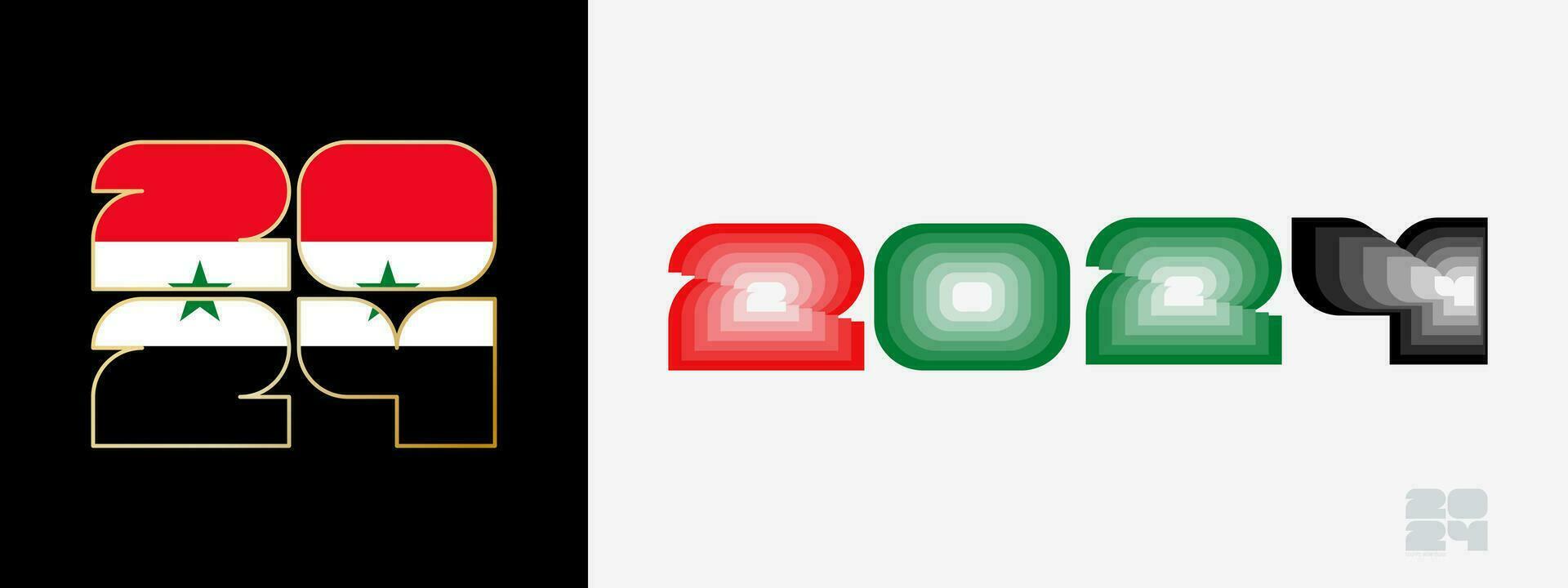 Year 2024 with flag of Syria and in color palate of Syria flag. Happy New Year 2024 in two different style. vector