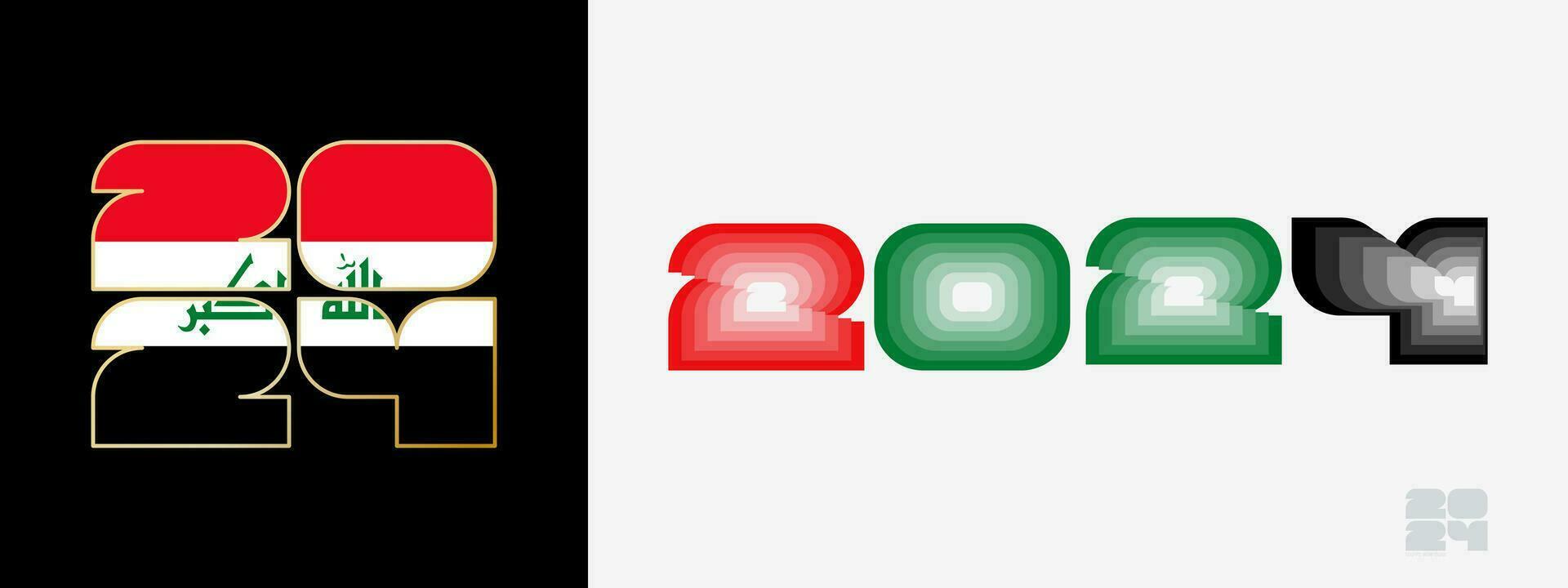 Year 2024 with flag of Iraq and in color palate of Iraq flag. Happy New Year 2024 in two different style. vector