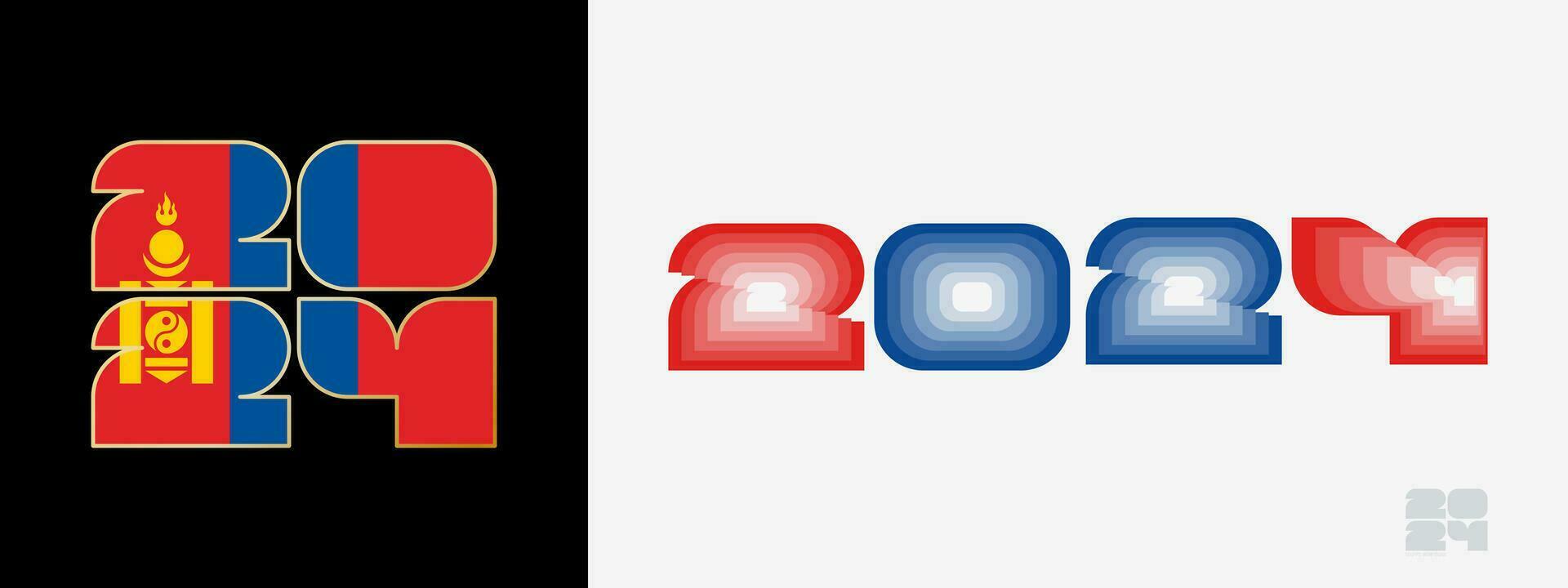 Year 2024 with flag of Mongolia and in color palate of Mongolia flag. Happy New Year 2024 in two different style. vector