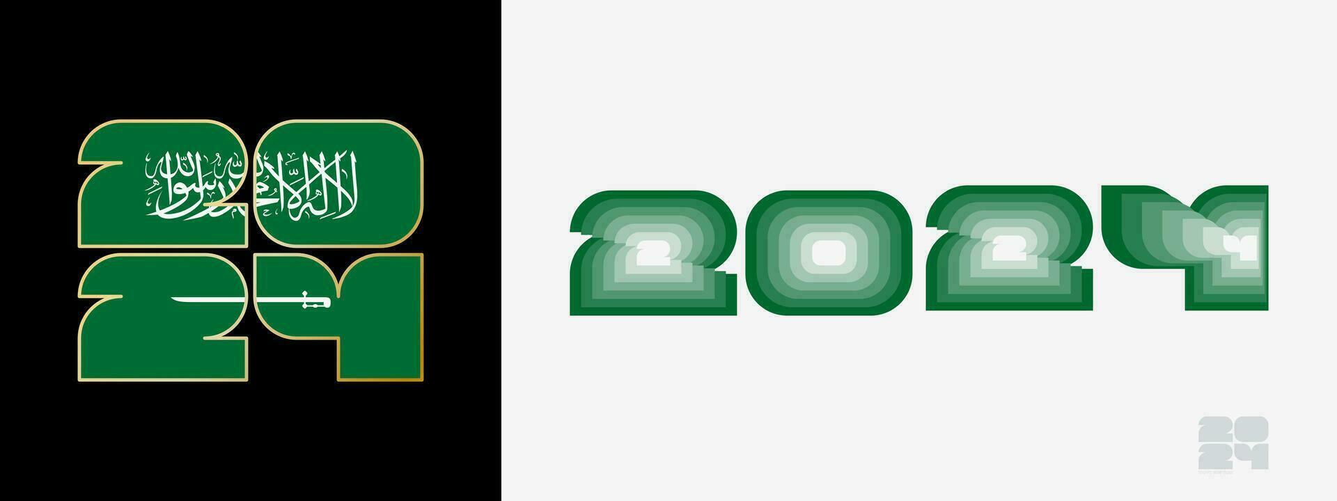 Year 2024 with flag of Saudi Arabia and in color palate of Saudi Arabia flag. Happy New Year 2024 in two different style. vector