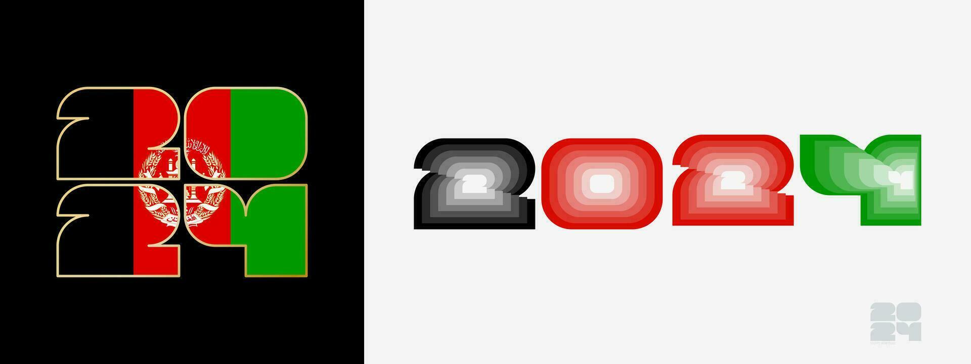 Year 2024 with flag of Afghanistan and in color palate of Afghanistan flag. Happy New Year 2024 in two different style. vector