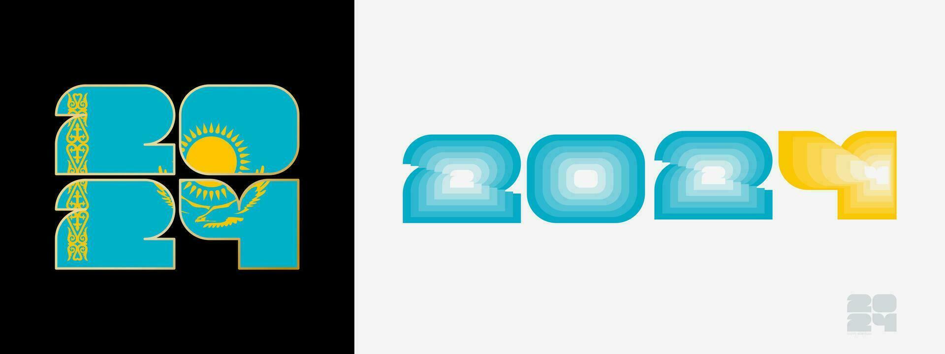 año 2024 con bandera de Kazajstán y en color paladar de Kazajstán bandera. contento nuevo año 2024 en dos diferente estilo. vector