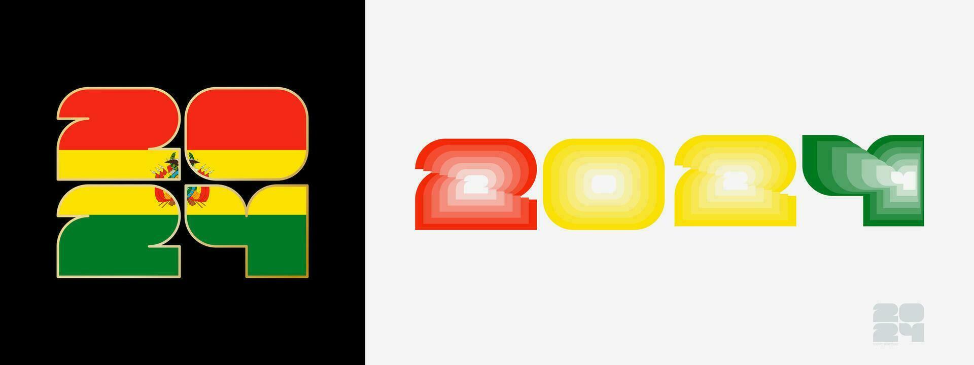 Year 2024 with flag of Bolivia and in color palate of Bolivia flag. Happy New Year 2024 in two different style. vector