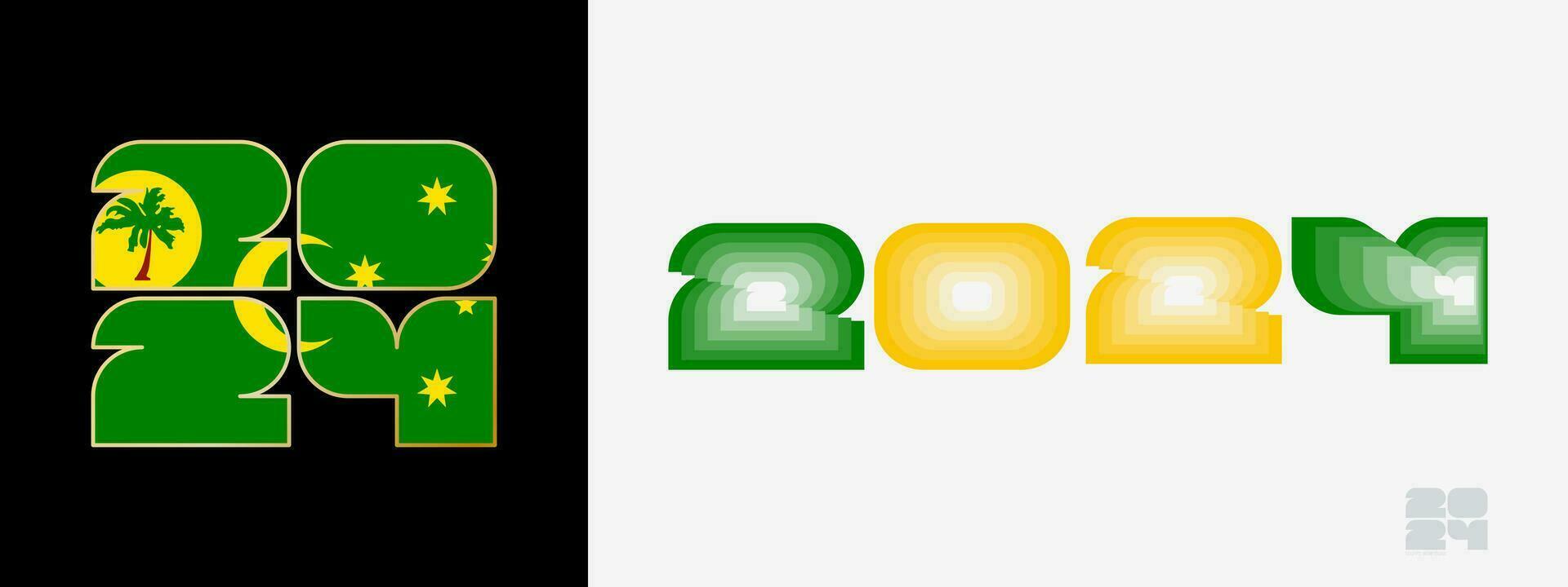 año 2024 con bandera de cocos islas y en color paladar de cocos islas bandera. contento nuevo año 2024 en dos diferente estilo. vector