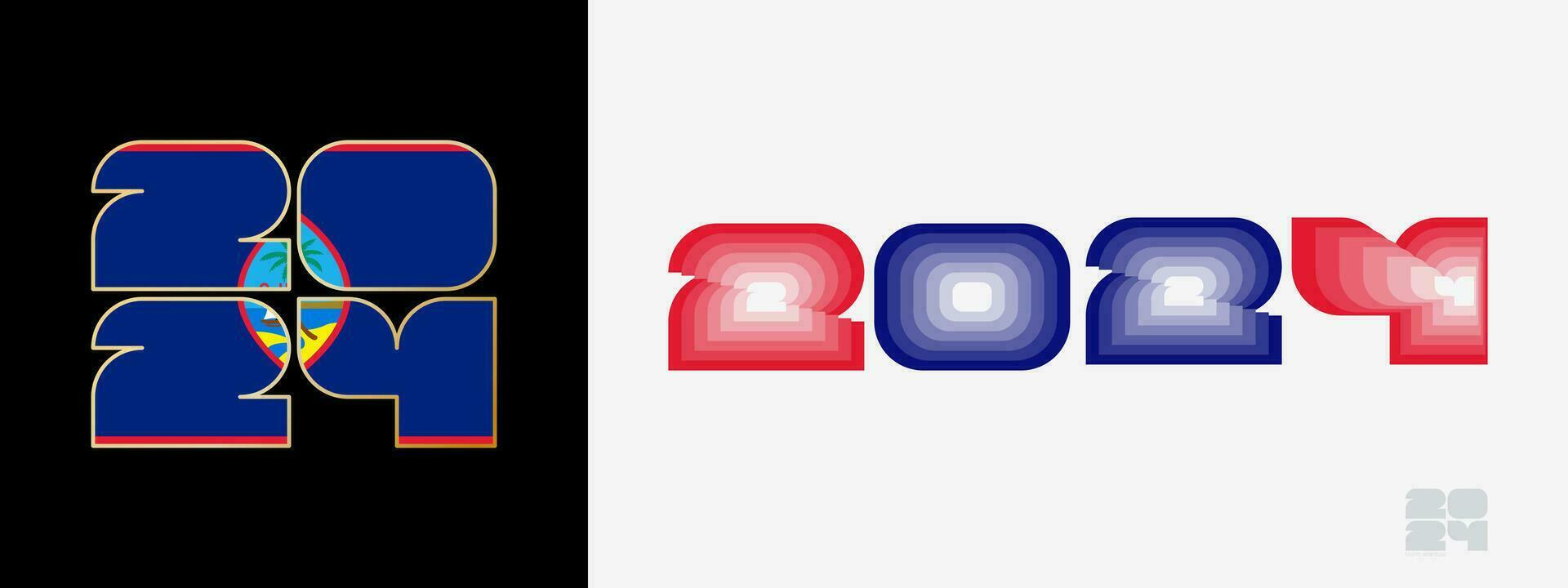 Year 2024 with flag of Guam and in color palate of Guam flag. Happy New Year 2024 in two different style. vector