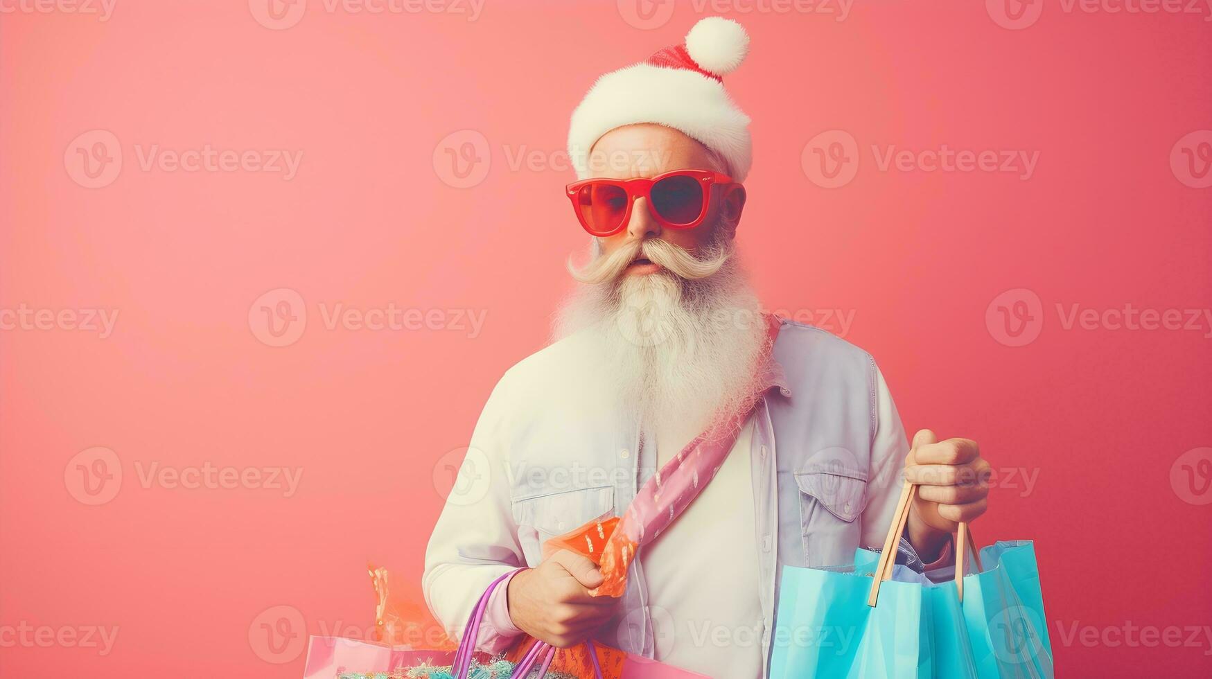 Middle aged male dressed as Santa with Christmas shopping bags on a plain pinky red background. AI Generated photo