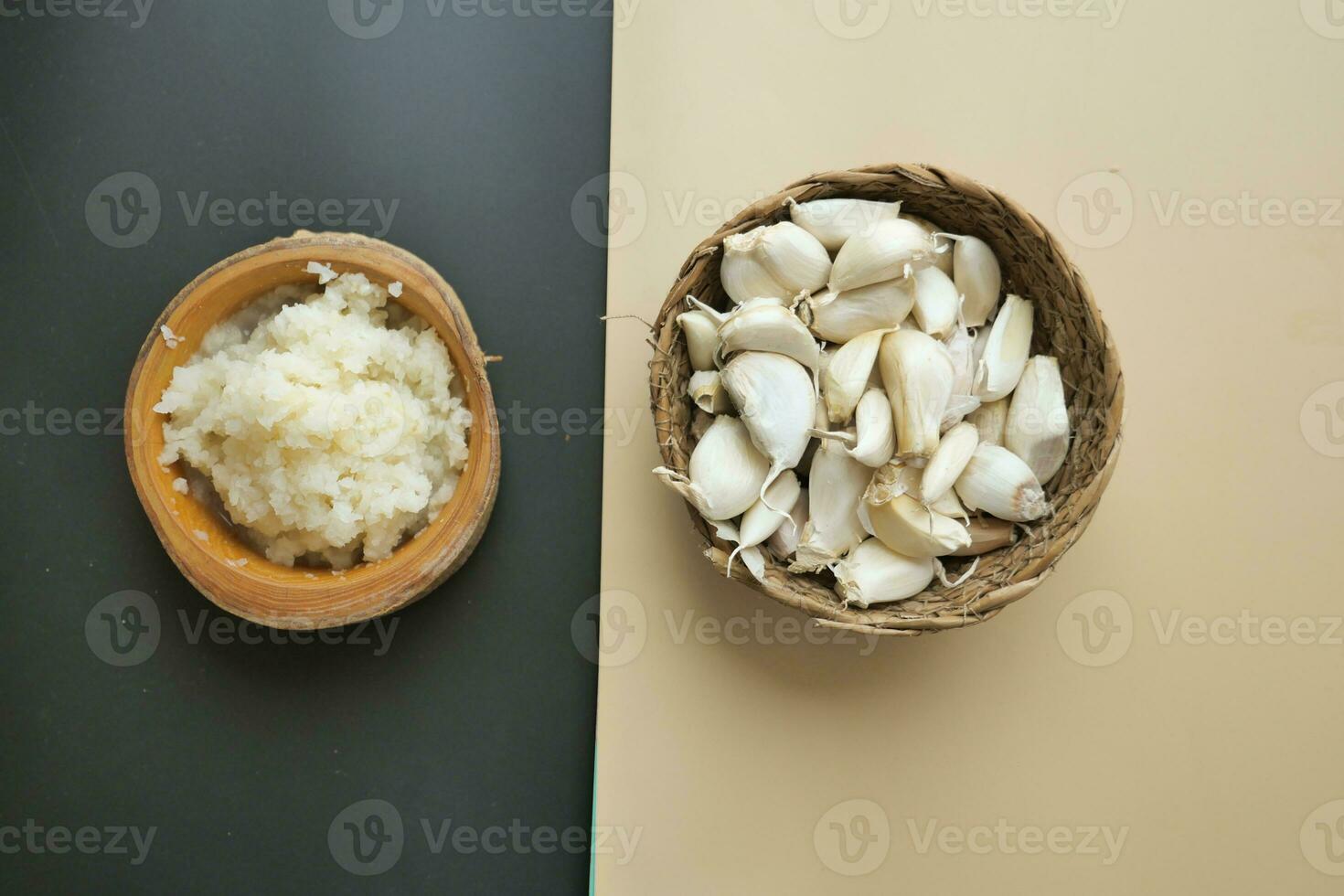 top view of minced garlic in a container photo