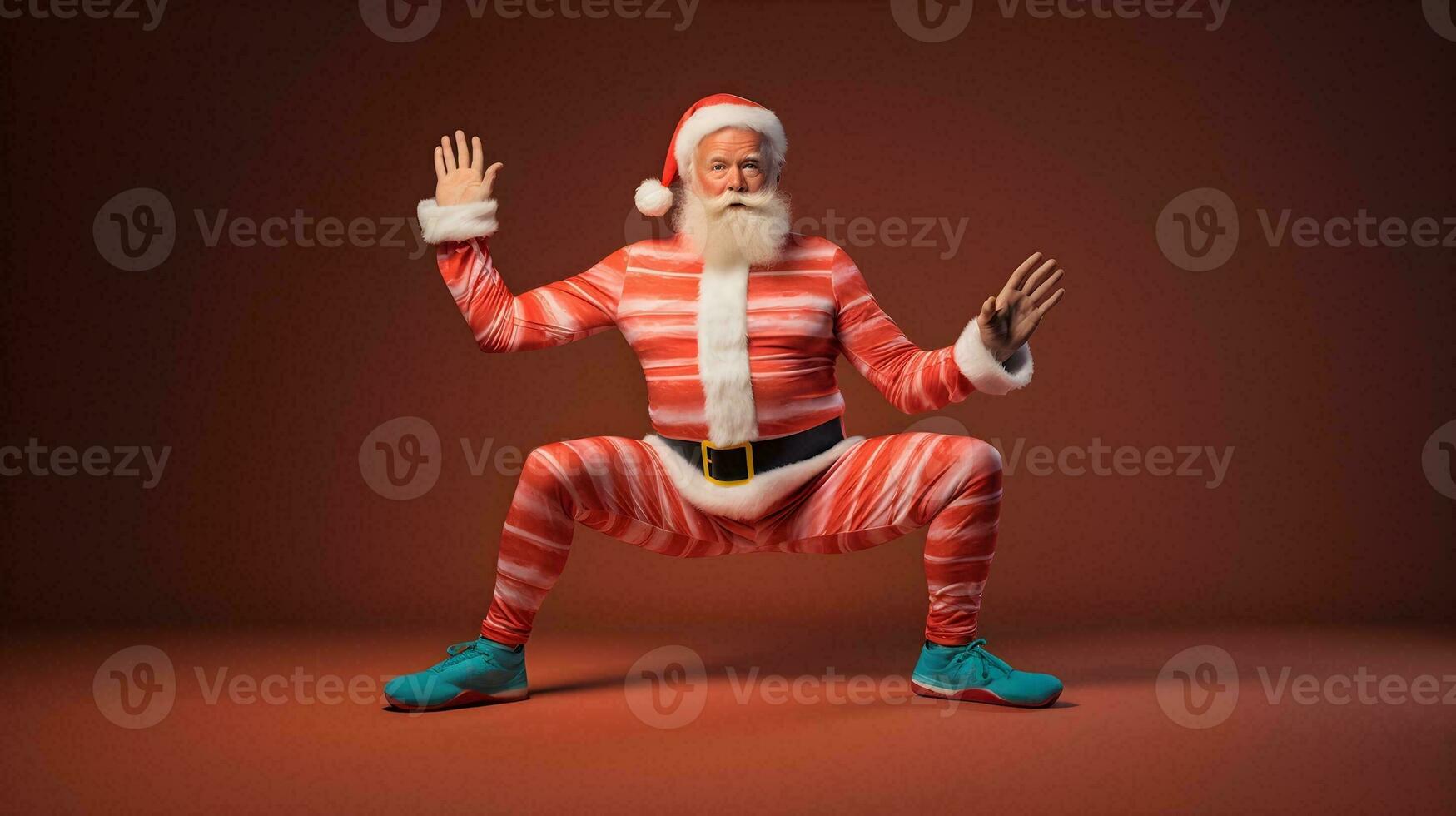 Cool Santa in a striped suit, funny dance pose, busting moves on a dance floor. AI Generated photo