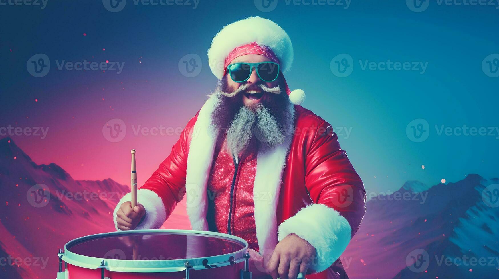 Rock Star Santa, Sunglasses On, Rock and Rolling in the North Pole with a Festive Drum Session. AI Generated photo