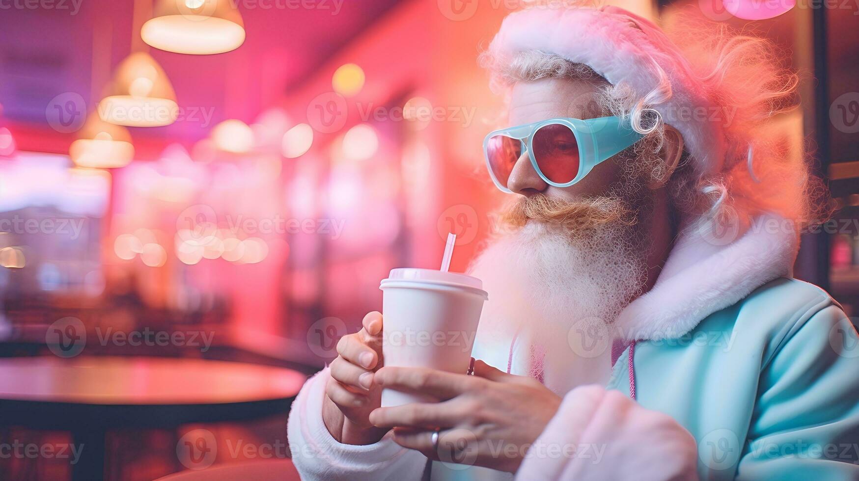 Hipster modern Santa taking a short break and having a cup of coffee to go. AI Generated photo