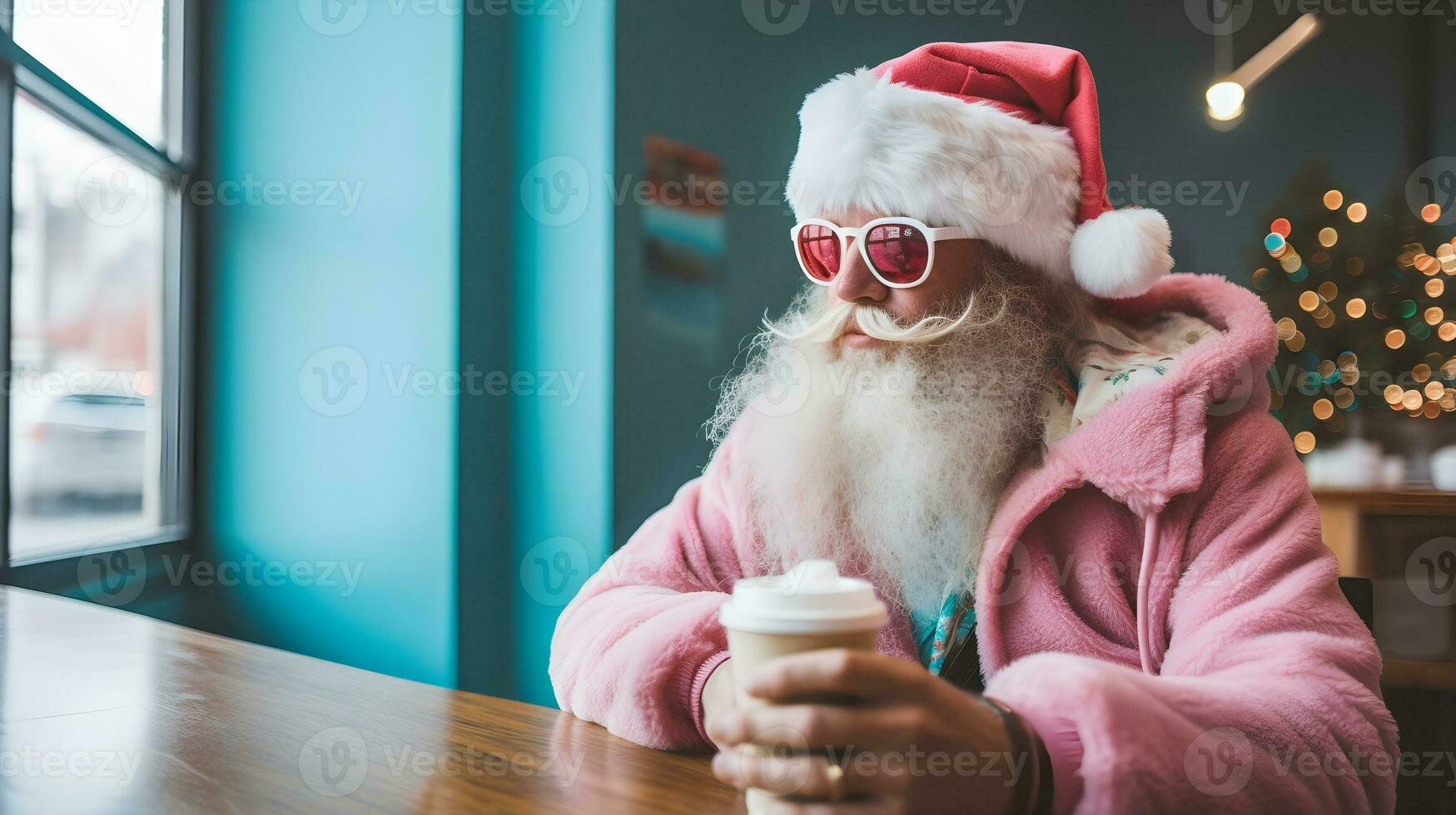 Hipster modern Father Christmas taking a break and enjoying a cup of coffee. AI Generated photo