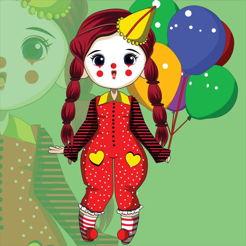 un dibujos animados niña con rojo pelo y un payaso disfraz vector