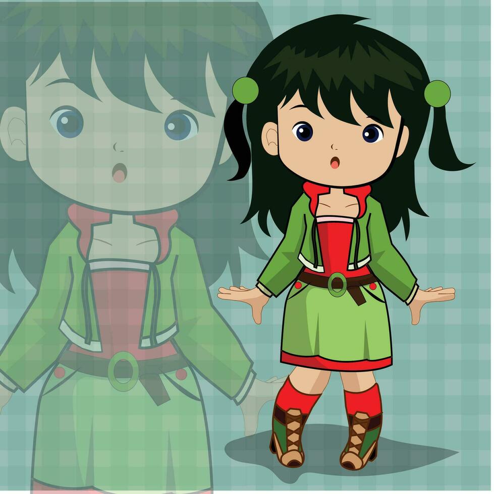 a cartoon girl in a green dress and red boots vector