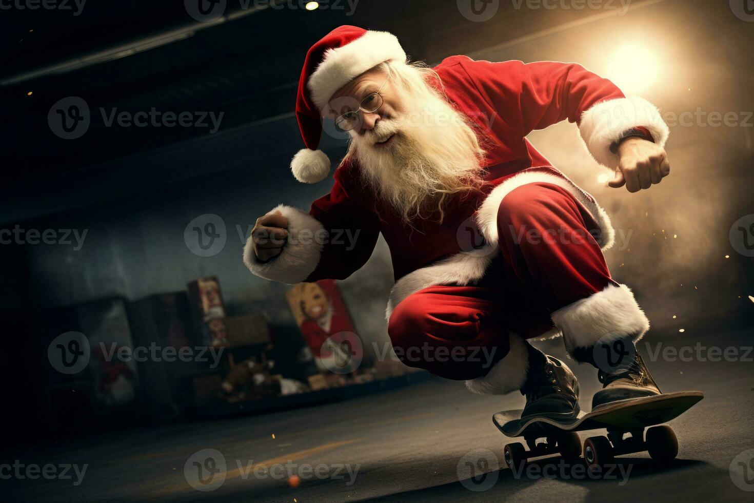 AI generated Santa Claus executing impressive skateboard tricks in a skatepark, blending Santa's iconic image with skate culture. generative ai photo