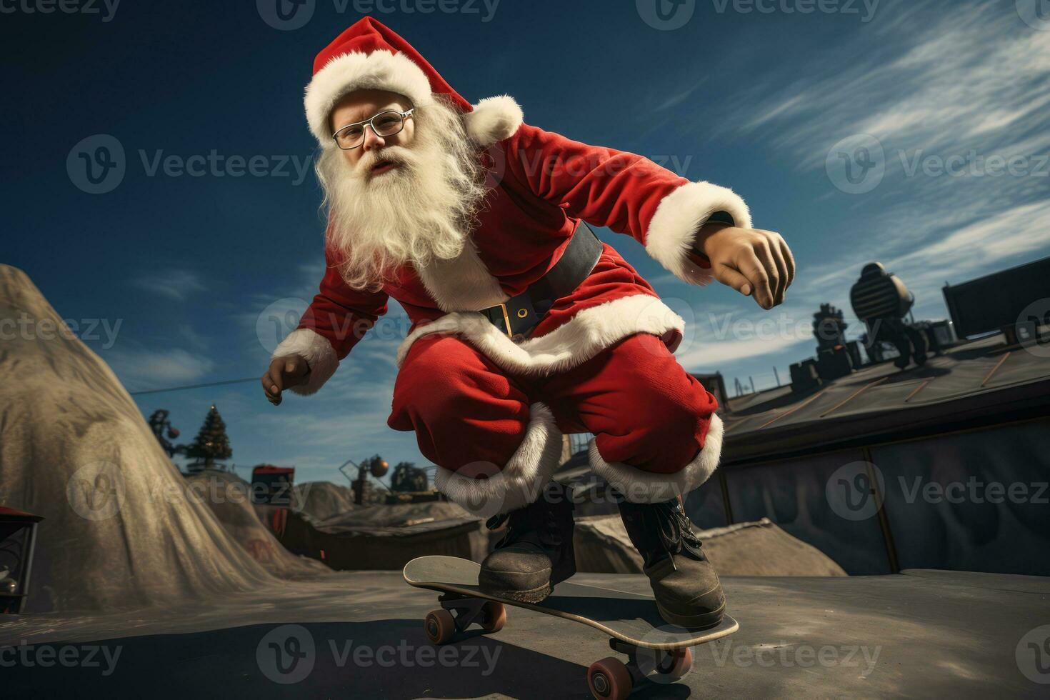 Santa Claus executing impressive skateboard tricks in a skatepark, blending Santa's iconic image with skate culture. AI Generated photo