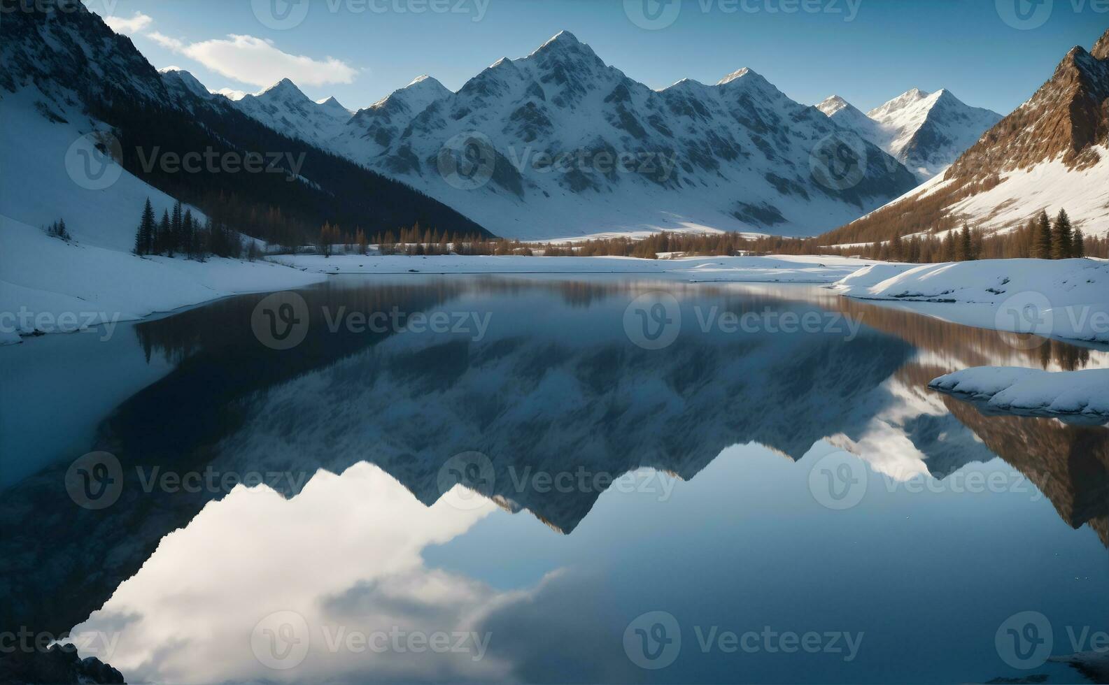 majestically against a brilliant azure sky, with a serene alpine lake nestled in its foothills. AI Generative photo