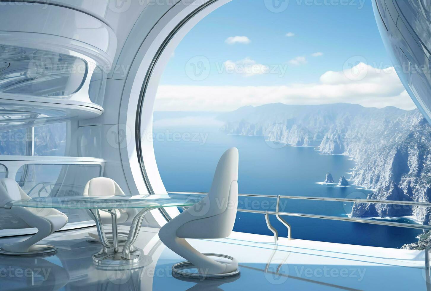 White futurism furniture, tables, and chairs, sci-fi landscapes, Windows Vista, elaborate spacecrafts, copy space, serene oceanic vistas, bulbous screen tones, grandiose architecture, generative AI photo