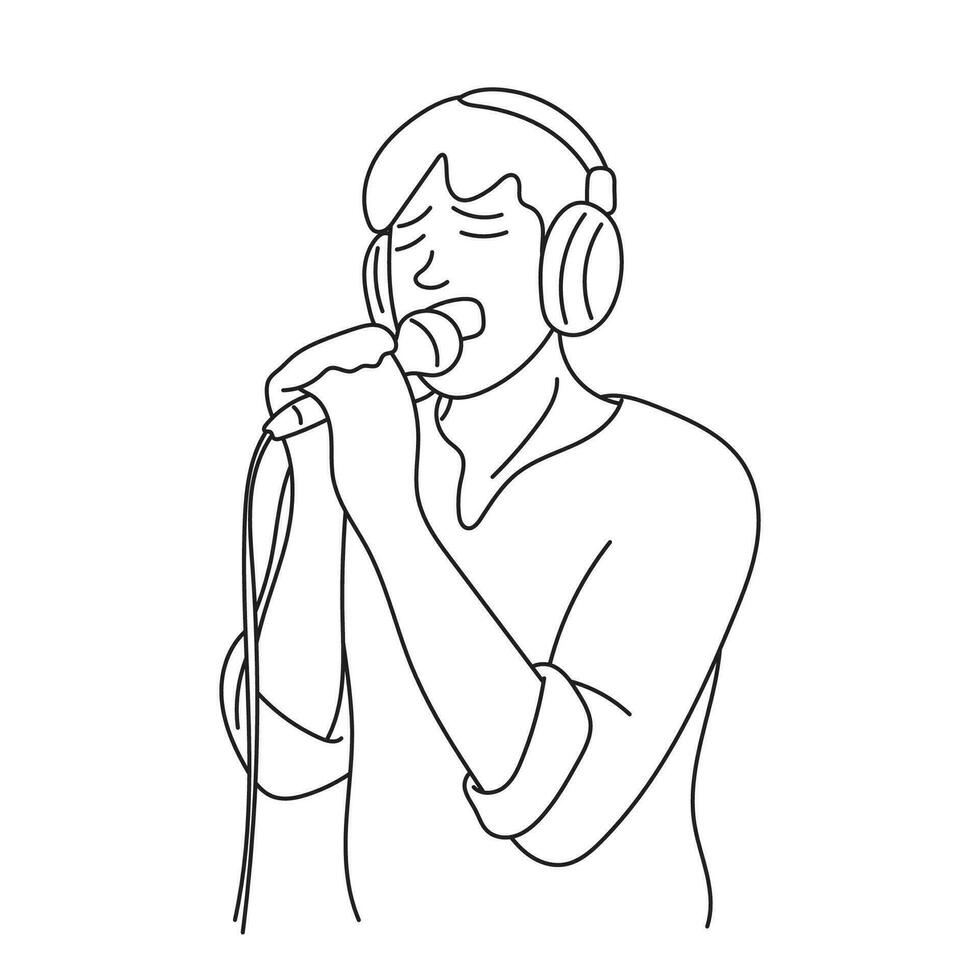 hombre en auriculares canto en grabación estudio ilustración vector mano dibujado aislado en blanco antecedentes