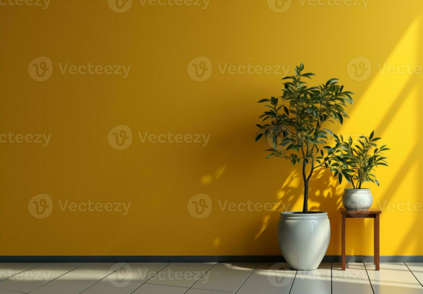 Room with a plants and yellow wall copy space, created with generative AI photo