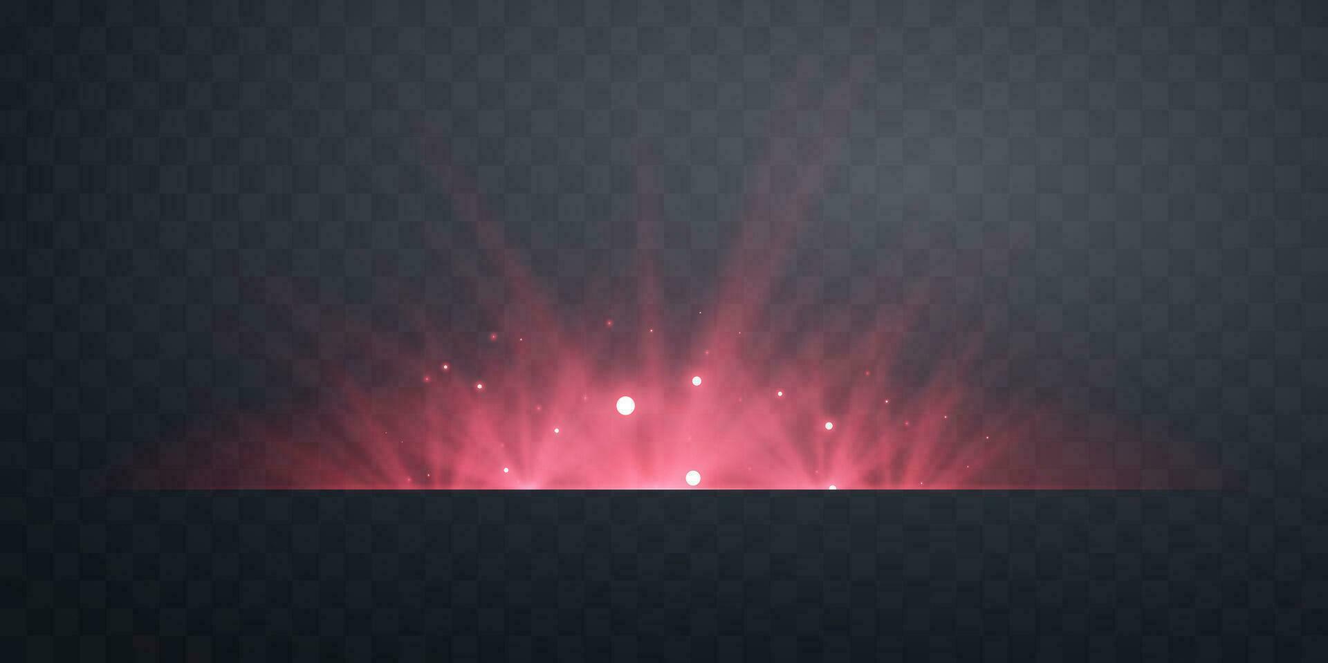 Red horizontal lensflare. Light flash with rays or spotlight and bokeh. Red glow flare light effect. Vector illustration.