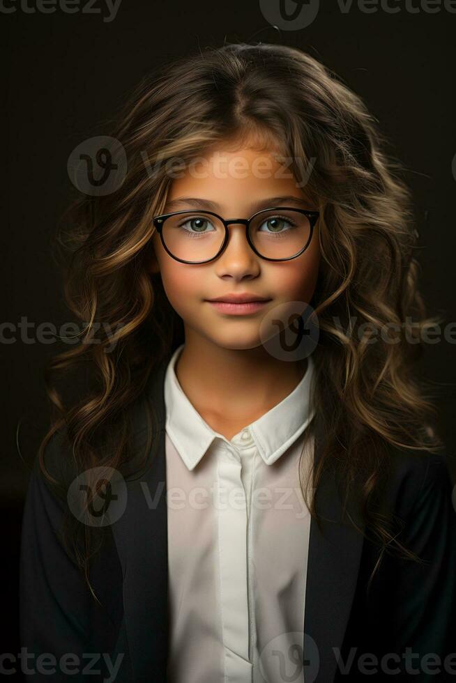 Portrait of the cute little girl with glasses, created with generative AI photo