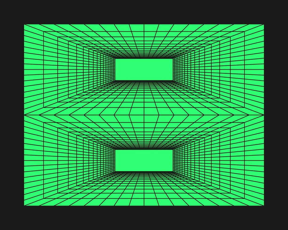 Cyberpunk perspective grid. Cyber geometry y2k element. Isolated style on black background. Vector trendy illustration.