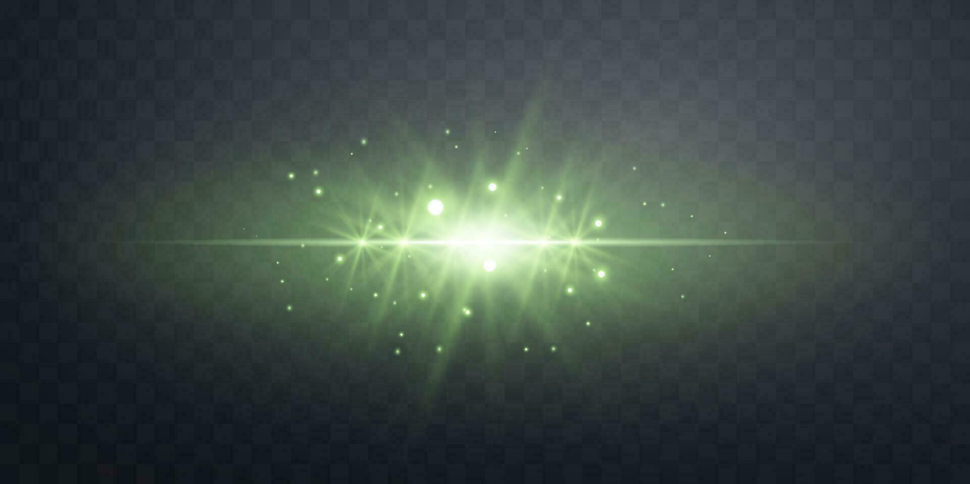 Green horizontal lensflare. Light flash with rays or green spotlight. Glow flare light effect. Vector illustration