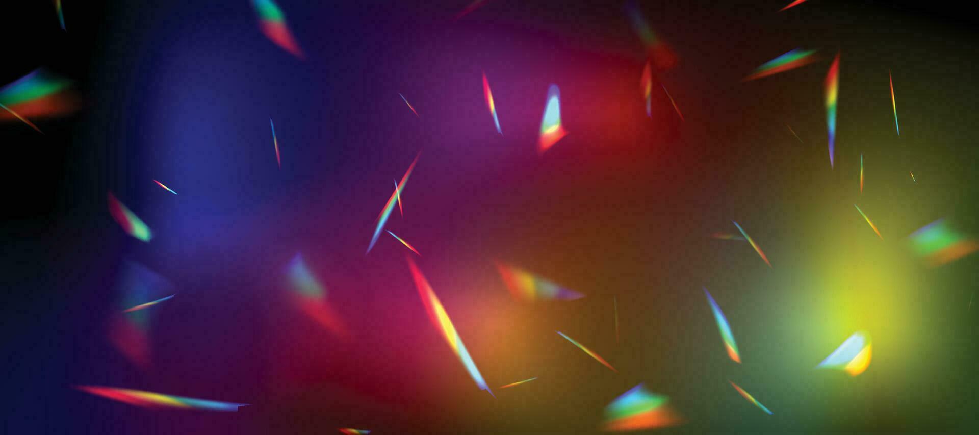 Blurred rainbow refraction overlay effect. Light lens prism effect on black background. Holographic reflection, crystal flare leak shadow overlay. Vector abstract illustration.