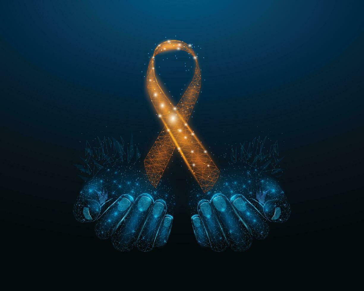 Two human hands are holds orange ribbon awareness. Leukemia awareness month concept. Abstract vector illustration on dark blue background.