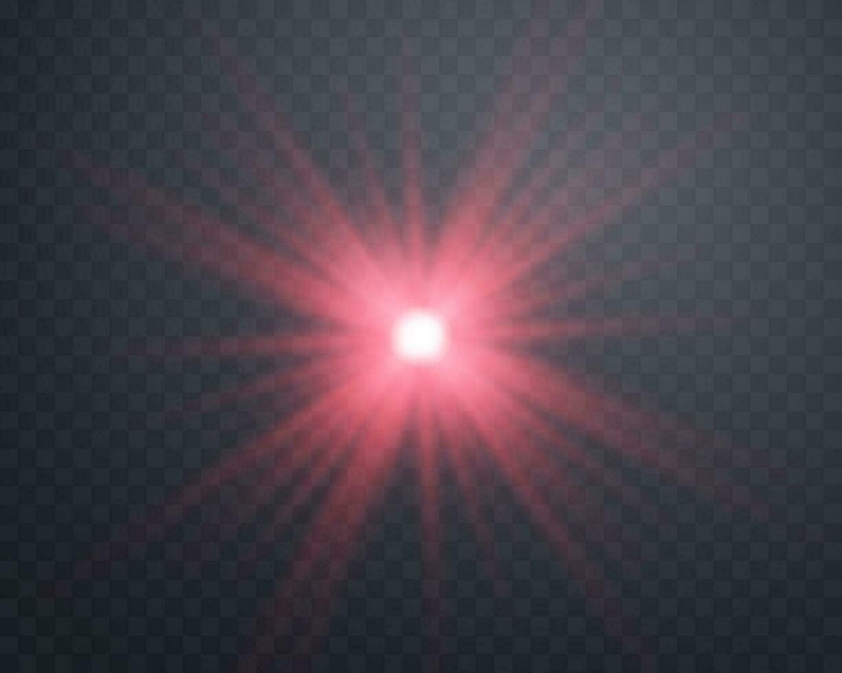 Red sunlight lens flare, sun flash with rays and spotlight. Glowing burst explosion Vector illustration.