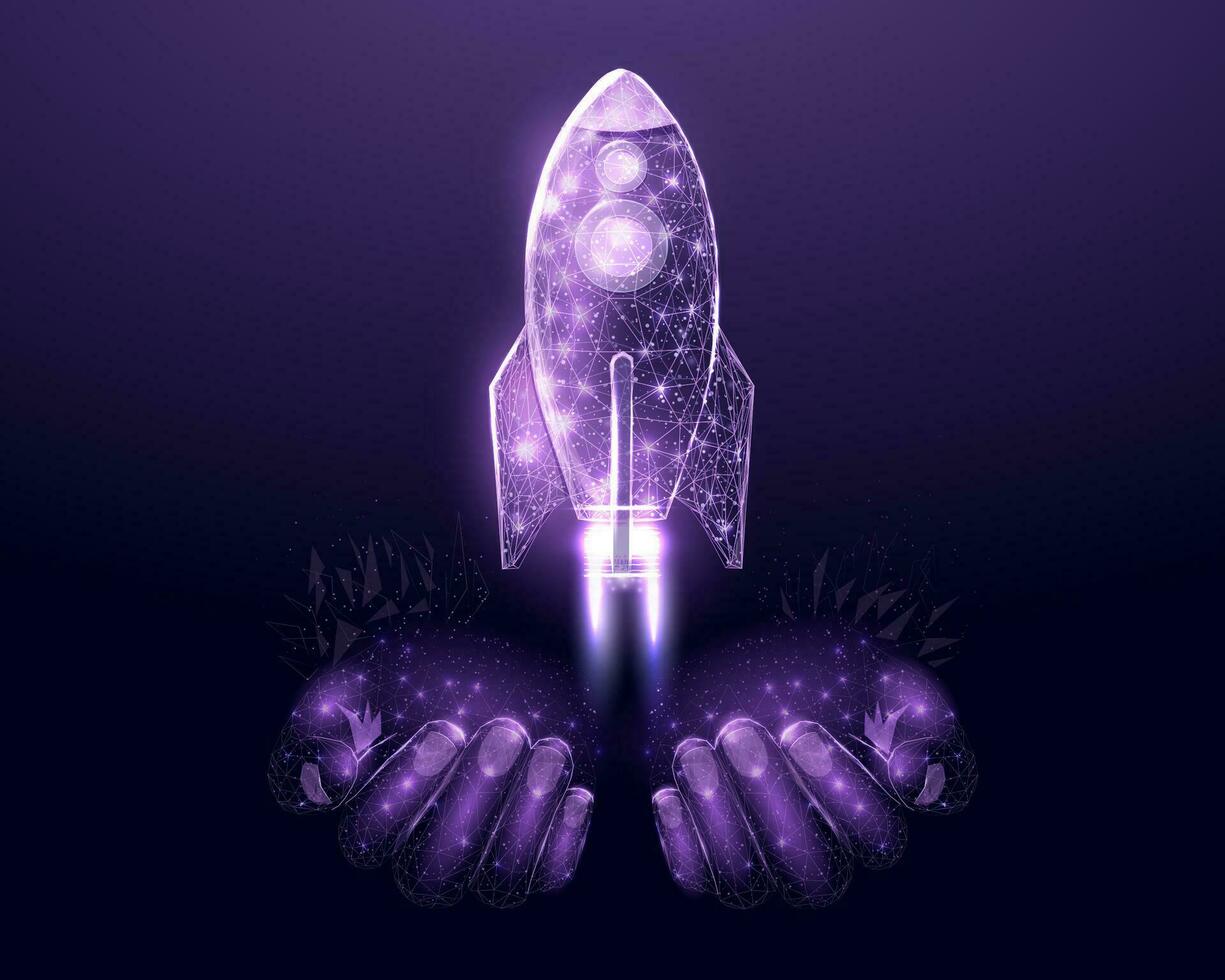 Two human hands are holds rocket. Internet technology network, business startup concept with glowing low poly rocket. Futuristic modern abstract vector illustration