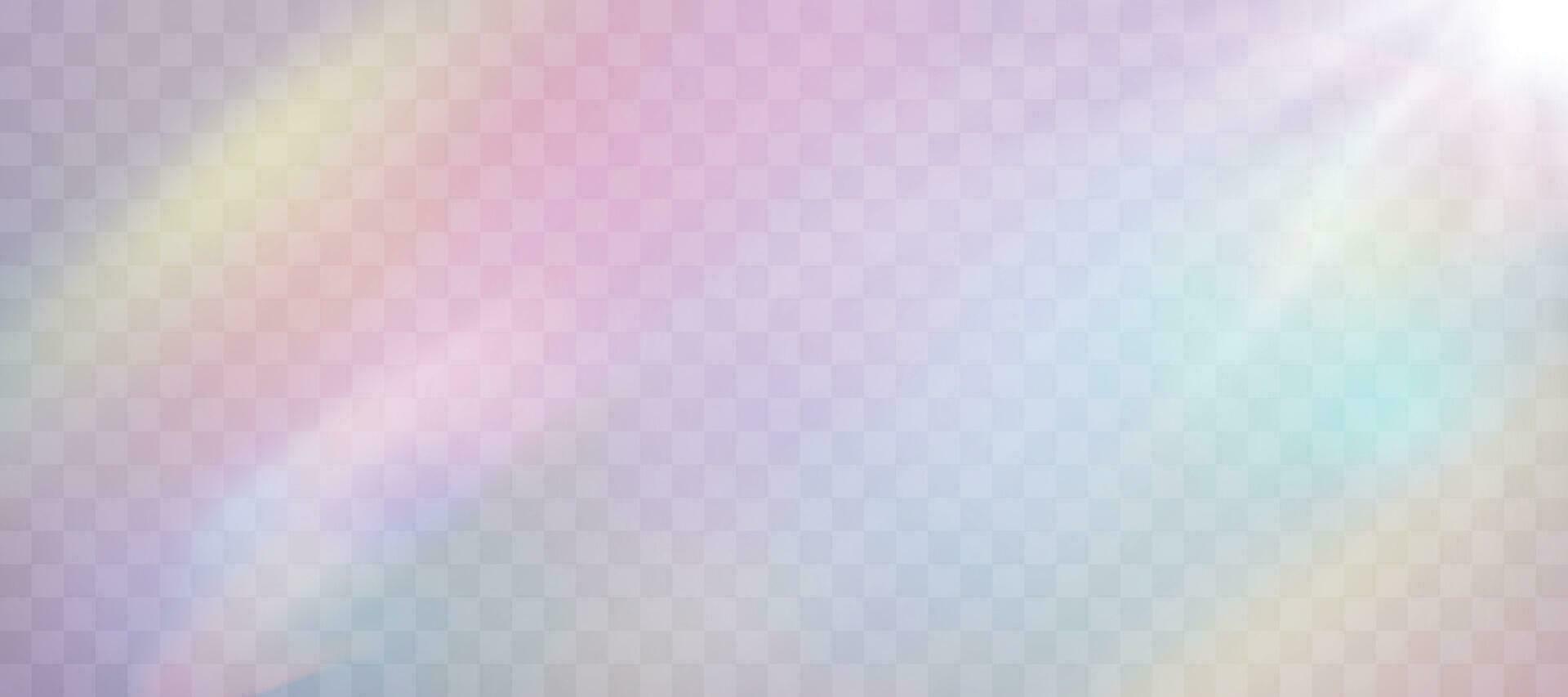 Blurred rainbow refraction overlay effect. Light lens prism effect. Holographic reflection, crystal flare leak shadow overlay. Vector abstract illustration.