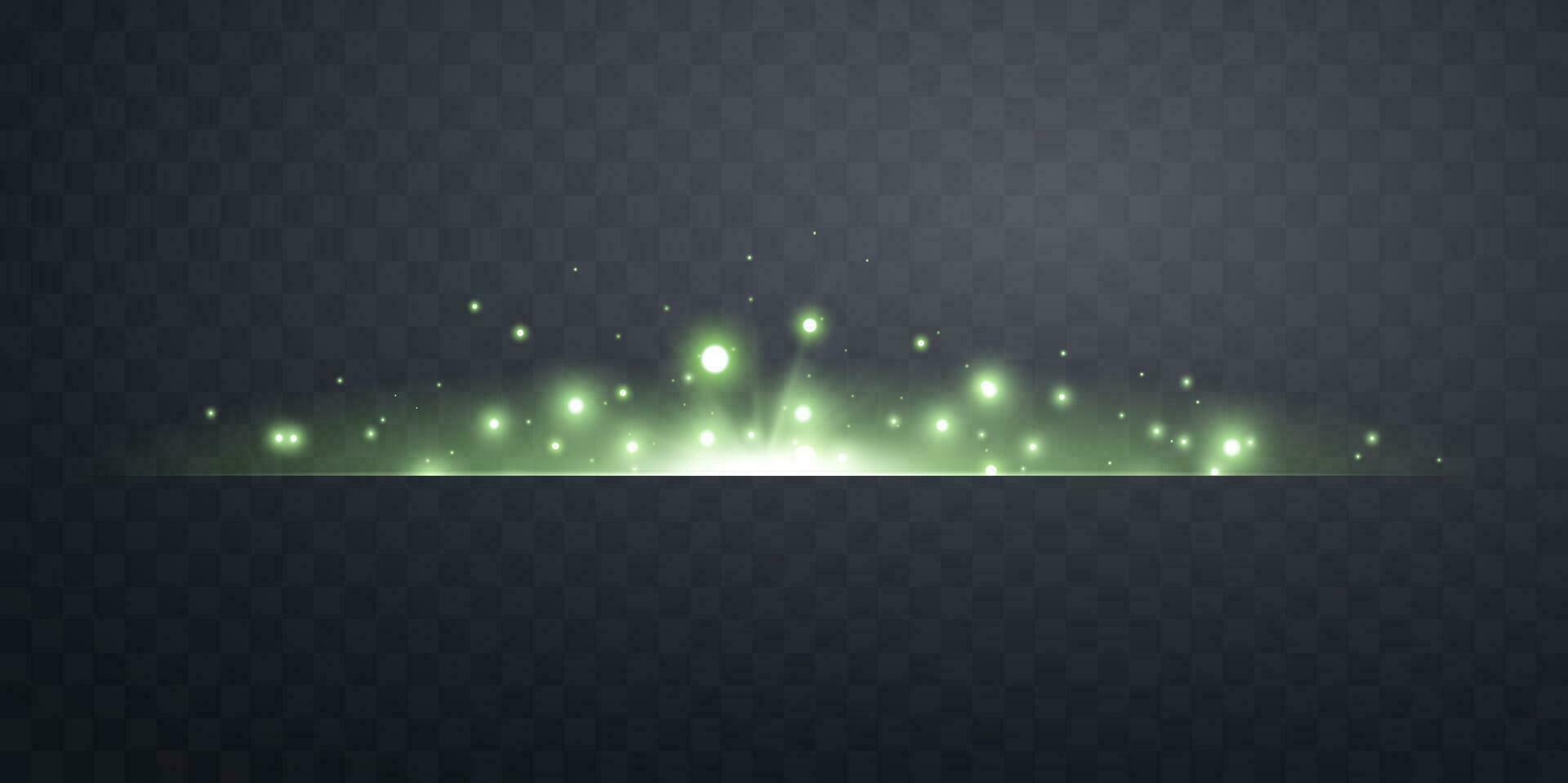 Green horizontal lensflare. Light flash with rays or green spotlight. Glow flare light effect. Vector illustration