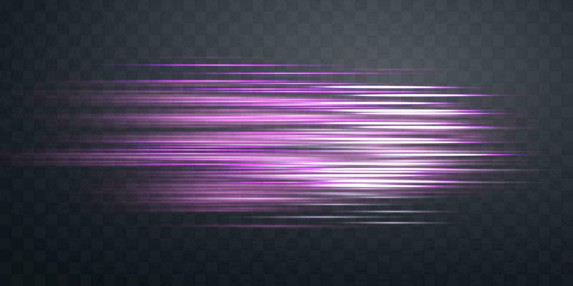 Horizontal speed rays, light neon flow, zoom in motion effect, pink glow speed lines, colorful light trails, stripes. vector
