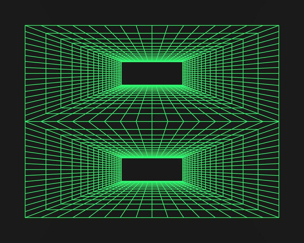 Cyberpunk perspective grid. Cyber geometry y2k element. Isolated style on black background. Vector trendy illustration.