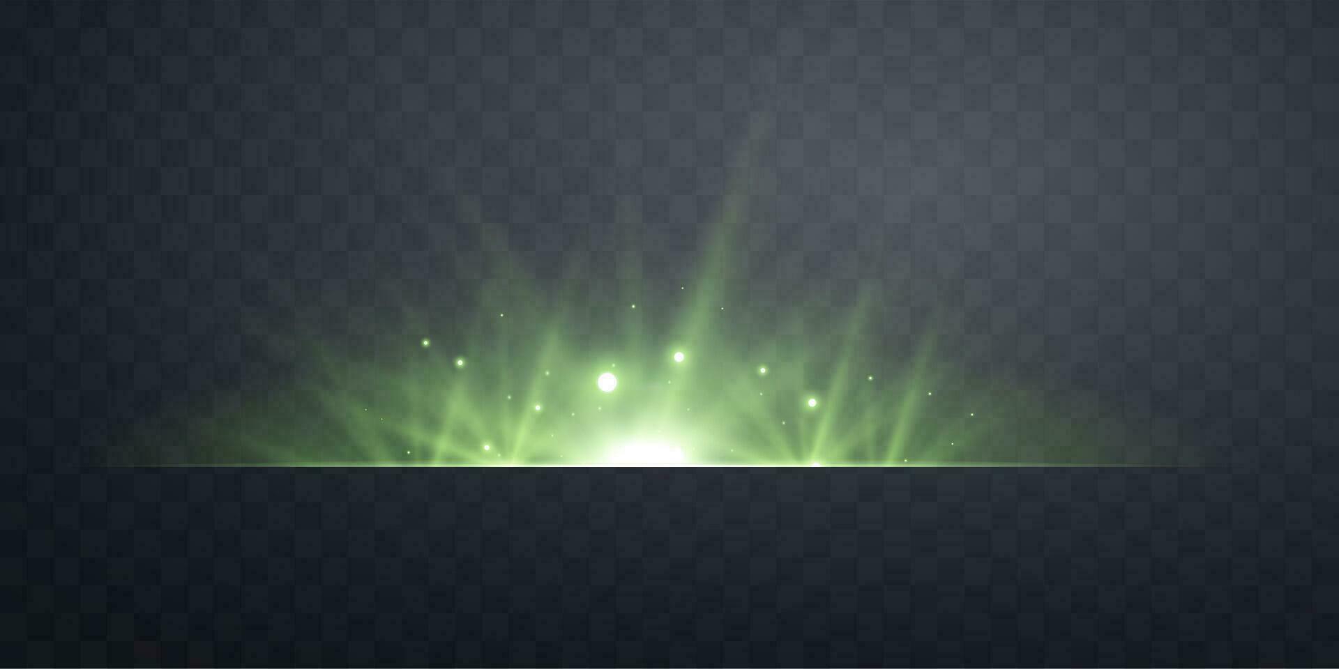 Green horizontal lensflare. Light flash with rays or green spotlight. Glow flare light effect. Vector illustration.