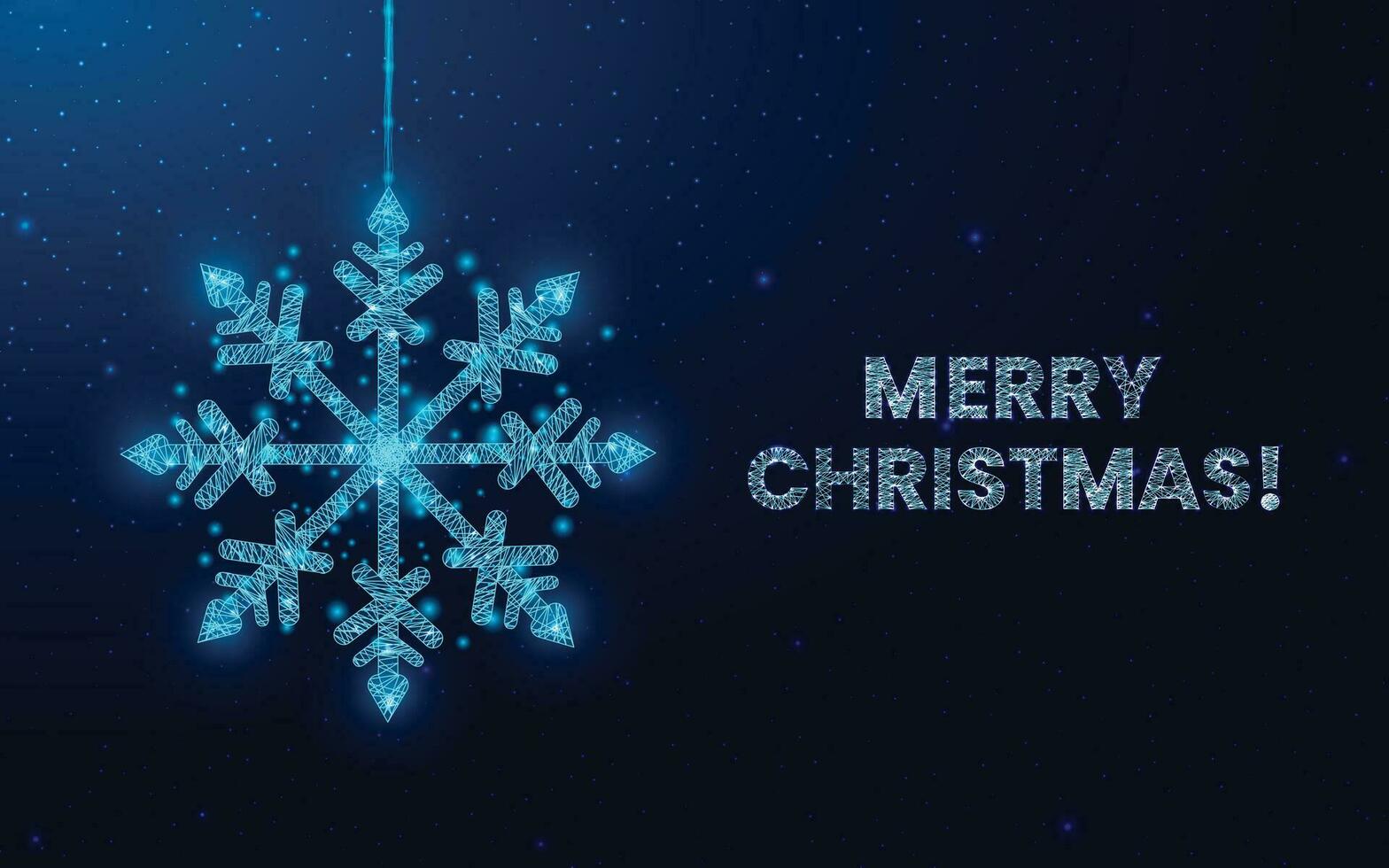 Hanging wireframe snowflake in low poly style. Christmas and New Year concept. Abstract modern vector illustration isolated on blue background